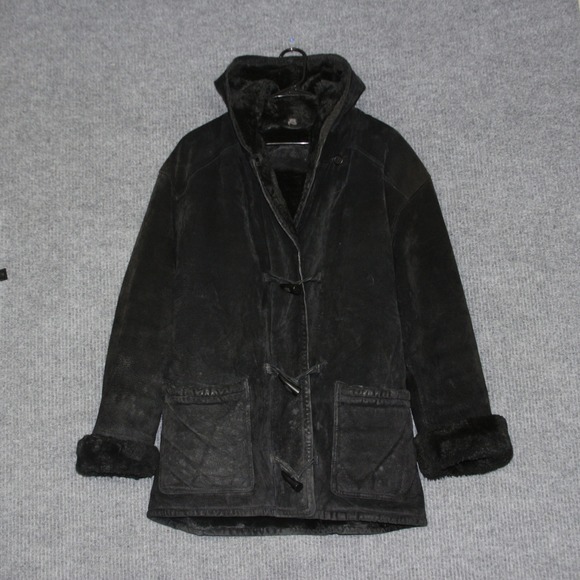 St Johns Bay Jackets & Blazers - VTG St Johns Bay Black Leather Duffle Coat Hooded Faux Fur Trim Lined Womens L